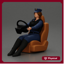 Focused officer in blue uniform driving seated holding steering wheel