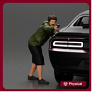 gangster man in a hoodie and shorts shooting a gun behind the car