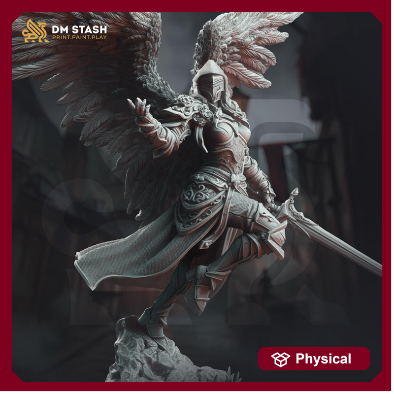 Human Female Winged Paladin Cleric w/ Sword | Miniature | 28mm, 32mm, 54mm,75mm, 100mm Scales | Pathfinder Figure | DnD | Figurine unpainted - Only-Games