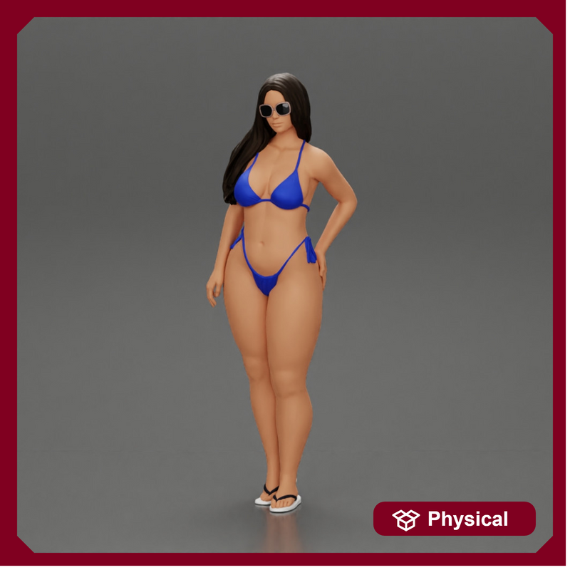 sexy girl in a bikini and sandals with sunglasses  standing putting her left hand on her hip