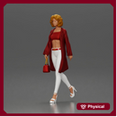 Woman with curly hair wearing red coat walking holding red handbag