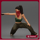 Masked woman crouches aiming pistol wearing crop top baggy pants sneakers