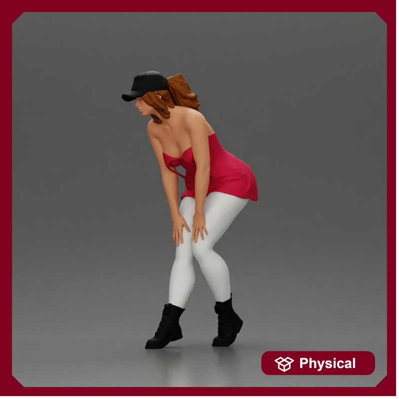 beautiful woman placing her hand on her legs, wearing a cap and a bra top - Only-Games