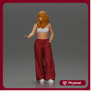 Chola style woman white top red baggy pants posing.
