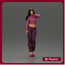 Elegant woman in purple outfit with crop top and heels