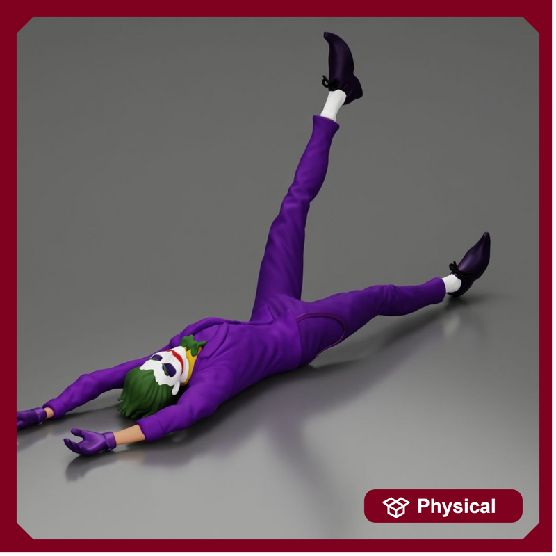 Joker sprawled laughing despite defeat plotting another wicked trick soon
