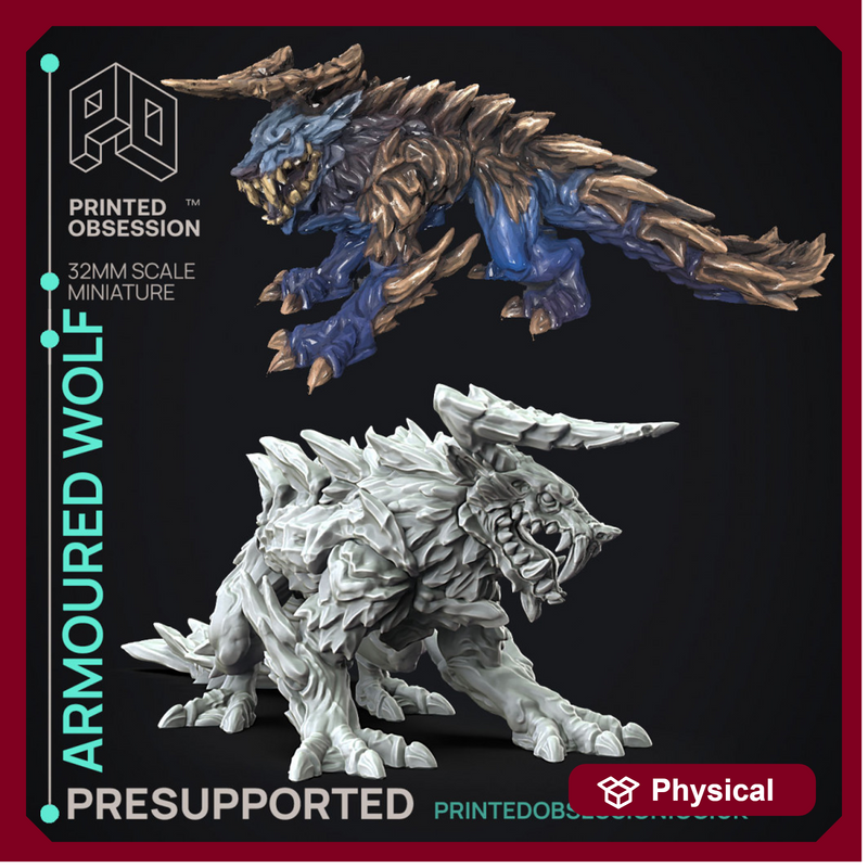 Armoured Wolf - Large Creature - Hunting Party -  PRESUPPORTED - Illustrated and Stats - 32mm scale