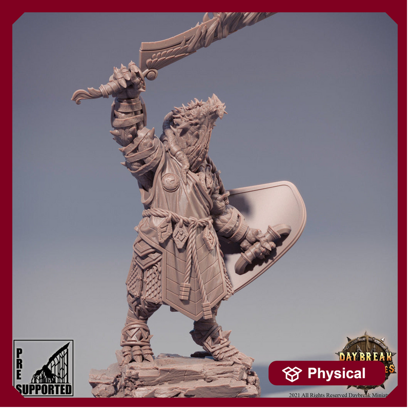 Dragonborn Fighter Flaming  Sword & Shield | 28mm, 32mm, 75mm Scale Resin Miniature | Dungeons and Dragons | Pathfinder | - Only-Games