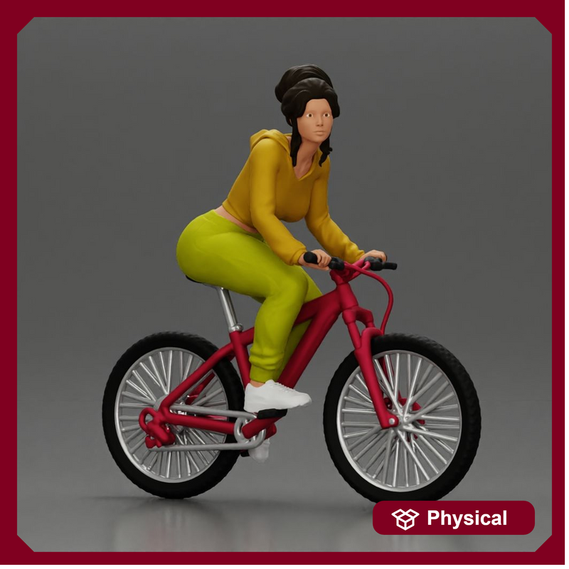 Sporty girl riding a red bike in bright yellow tracksuit