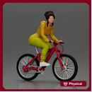 Sporty girl riding a red bike in bright yellow tracksuit