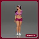 young woman in shorts and headphones shields her eyes from the sunlight