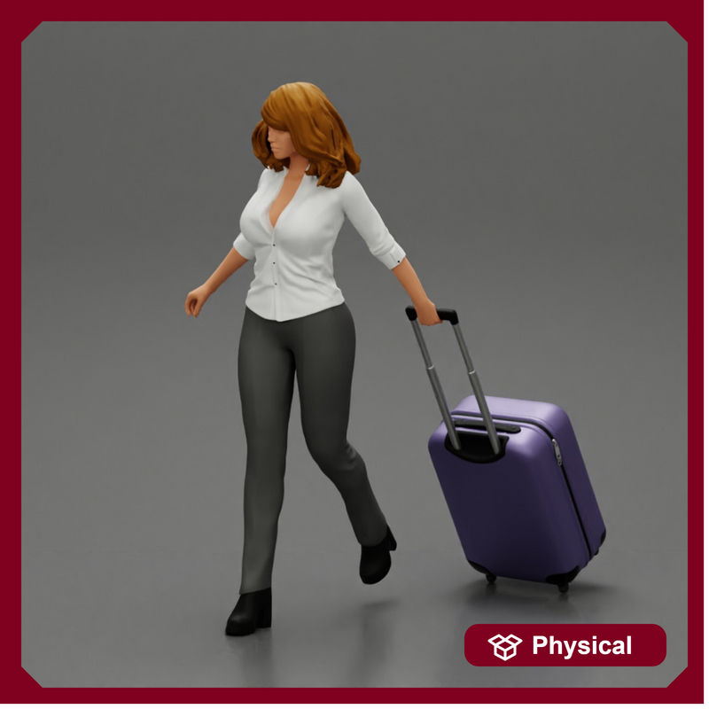 2 Business woman in shirt and trousers pulling suitcase walking in airport terminal