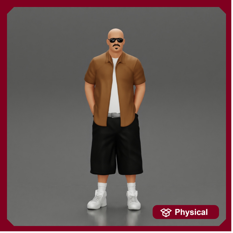 gangster standing in short and open shirt with sunglasses