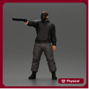 Masked man in black jacket aims shotgun with determined gaze