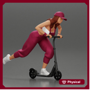 girl in overalls suit and cap riding fast an electric scooter