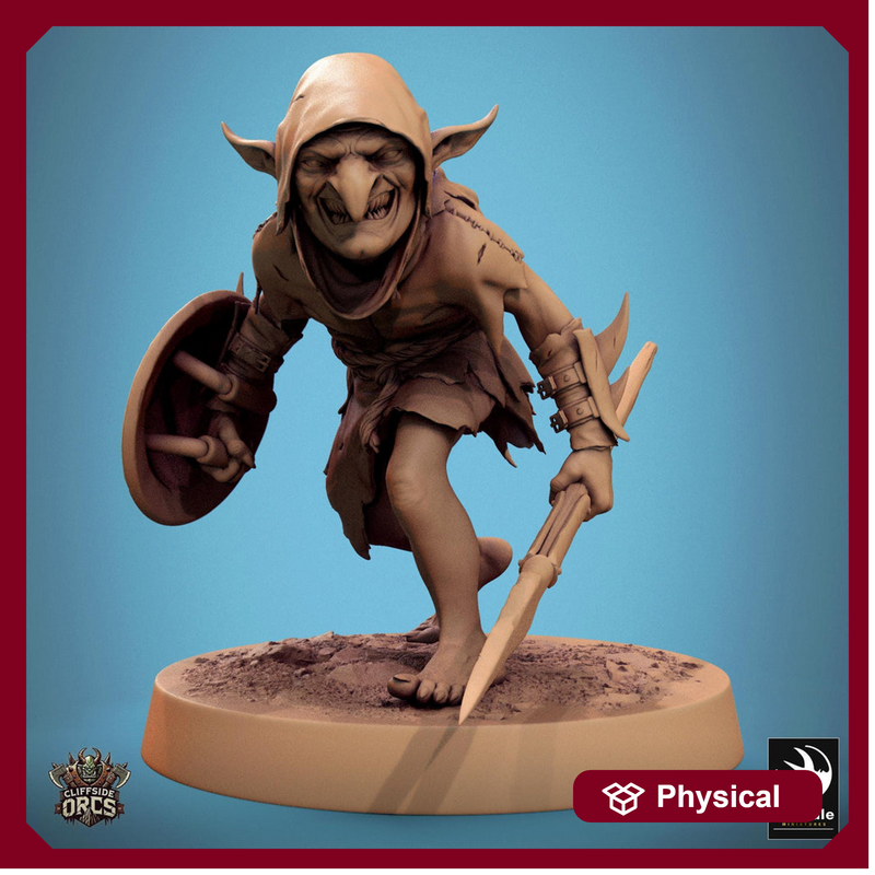 Goblin Spear and Shield Fighter | D&D 5e UNPAINTED | 28mm, 32mm,54mm,75mm, 100mm scale| Pathfinder | Figure for Painting| Rescale Miniatures - Only-Games