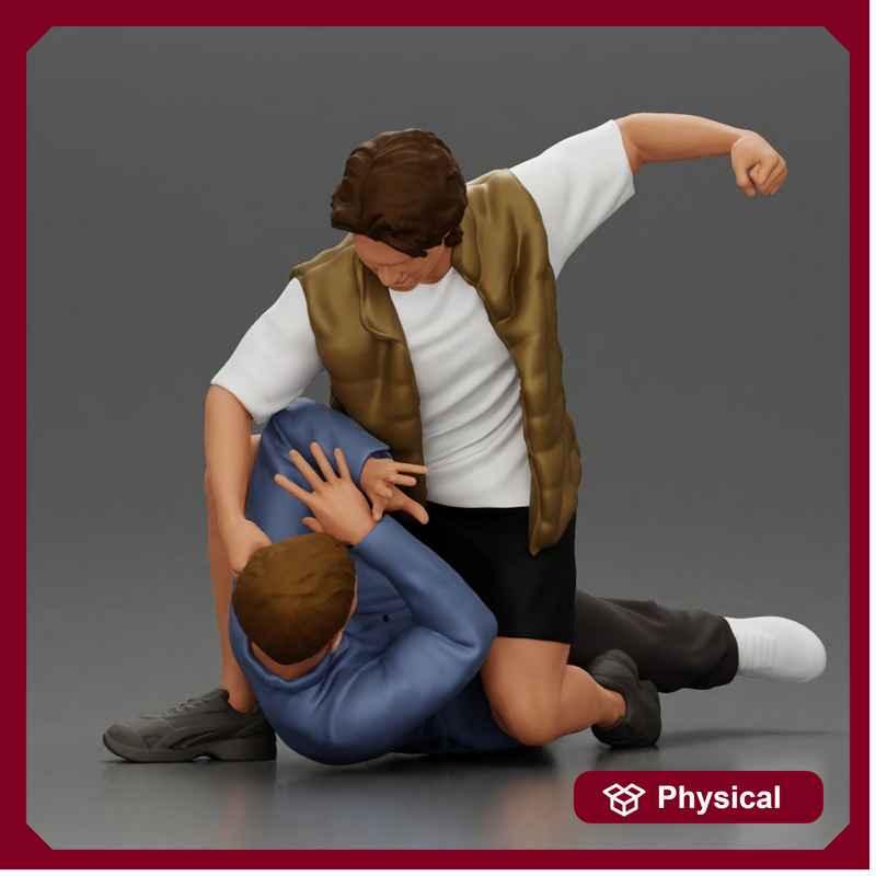 Man Confronting Opponent in Intense Struggle on the Street Man Lying on the Ground, Defending Himself from an Attack