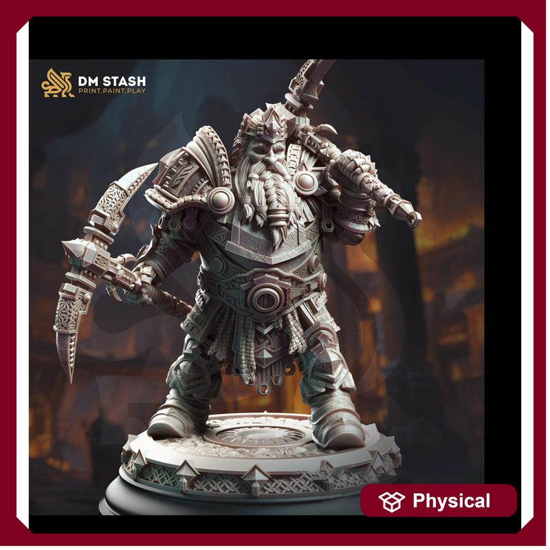 Dwarf Fighter General Dual PickAxes | Unpainted Miniature 28mm, 32mm,54mm,75mm, 100mm Scales | Dungeons & Dragons 5e Pathfinder | DM Stash - Only-Games