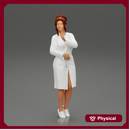 woman in a white bathrobe standing