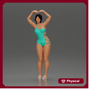 Brunette woman in turquoise swimsuit stretching with elegant ballet pose