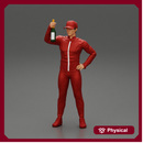 motorbiker celebrates and hold a champagne bottle