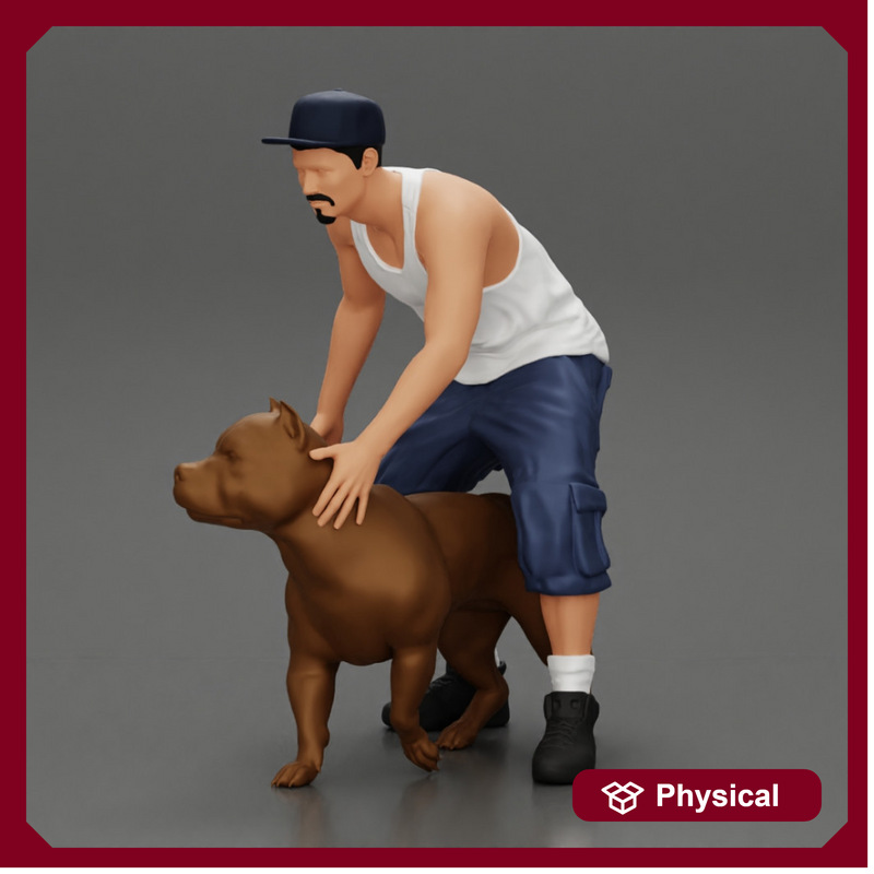 gangster homie in cap and short with his pitbull dog on the street