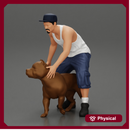 gangster homie in cap and short with his pitbull dog on the street