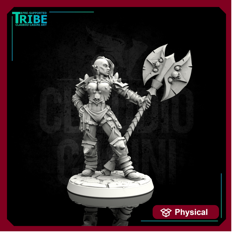 (0022) Female human elf tiefling half orc barbarian with two-handed axe