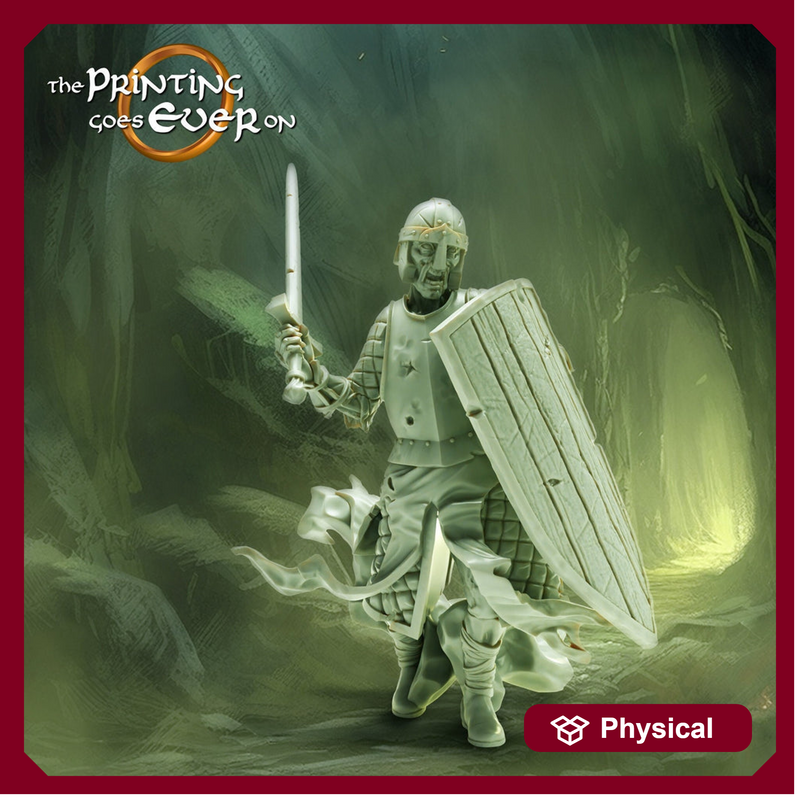 Undead Ghost Fighter with Sword and Shield | Miniature | 28mm, 32mm, 75mm, 100mm Scales | Pathfinder Figure | D&D 5e | Figurine unpainted | - Only-Games