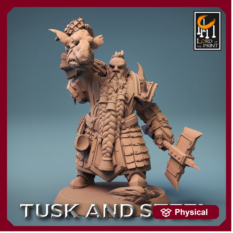 Dwarf Fighter Paladin Axe & Goblin Head Unpainted | 28mm, 32mm,54mm,75mm,100mm Scales | Dungeons and Dragons Pathfinder Lord of The Print - Only-Games