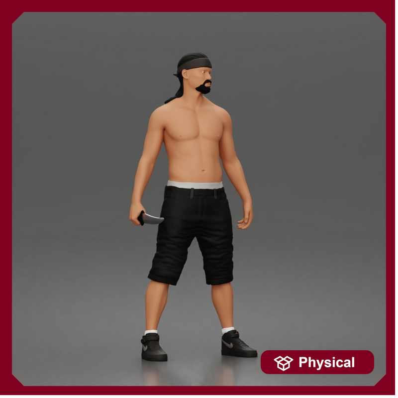 gangster stands holding knife wearing shorts sneakers headband