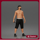gangster stands holding knife wearing shorts sneakers headband