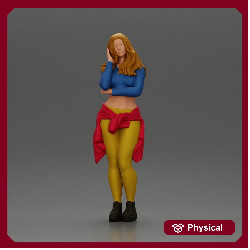 Casual yet confident woman in vibrant colors, striking a thoughtful pose