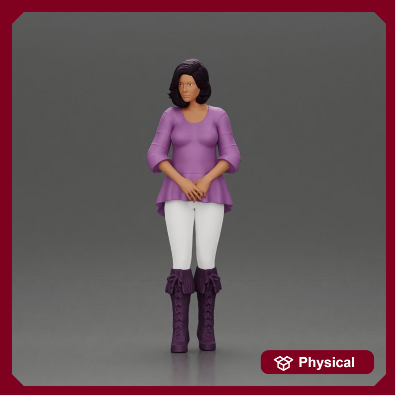 Confident woman in purple top and boots with white leggings