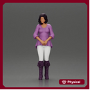 Confident woman in purple top and boots with white leggings