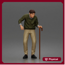 Elderly man walks using cane wearing sweater collared shirt pants shoes