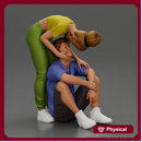 girl standing behind her boyfriend gently touching his face while he sits on the floor in shorts with his hands on his knees