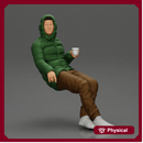 Man Sitting Wearing a Puffer Jacket, Holding a Coffee Cup