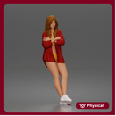 leaning woman folds arms open shirt swimwear bottoms and sneakers