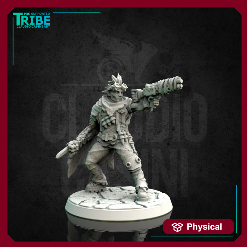 (0165) Male sci-fi post-apocalyptic warrior with mechanical arm and gun