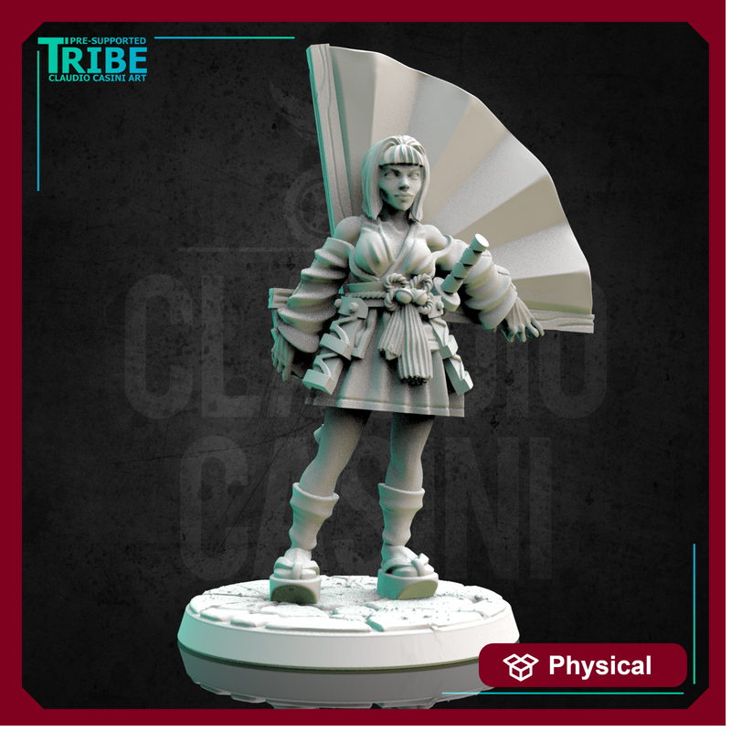 (0281) Female human tiefling half-orc elf firbolg warrior samurai with a big fan and a katana