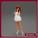 Beautiful woman with long hair standing and posing in fashion summer dress