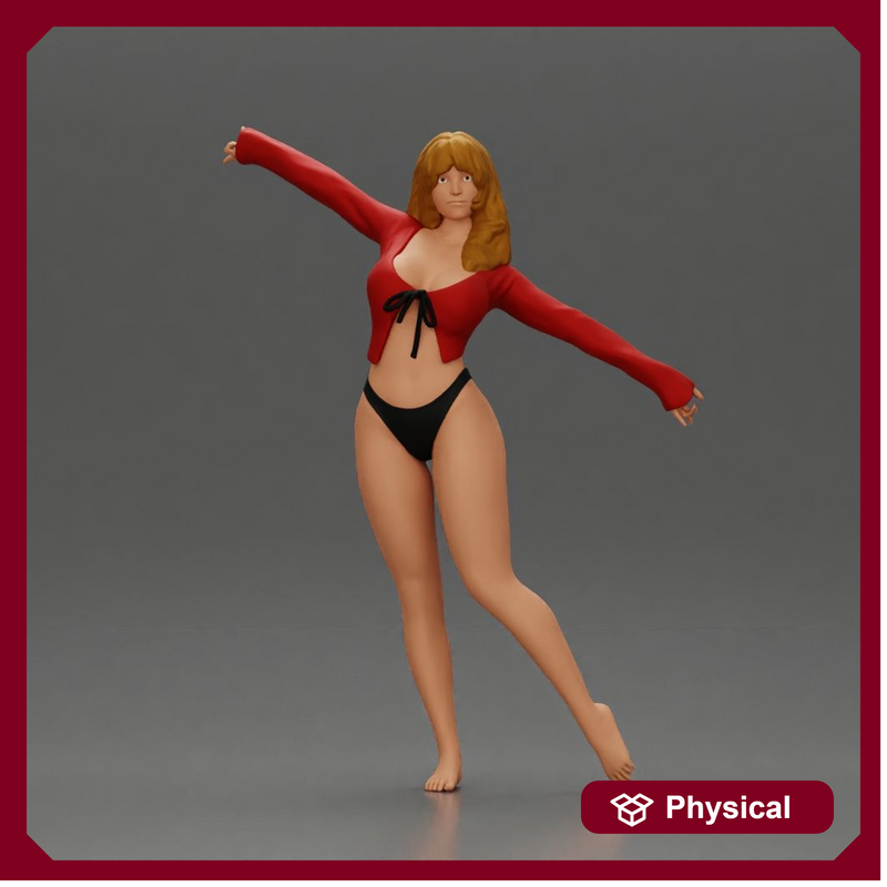 Golden dancer spins gracefully wearing red top and black bikini