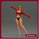 Golden dancer spins gracefully wearing red top and black bikini