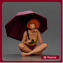 Girl with orange hair holding umbrella sitting in thoughtful pose