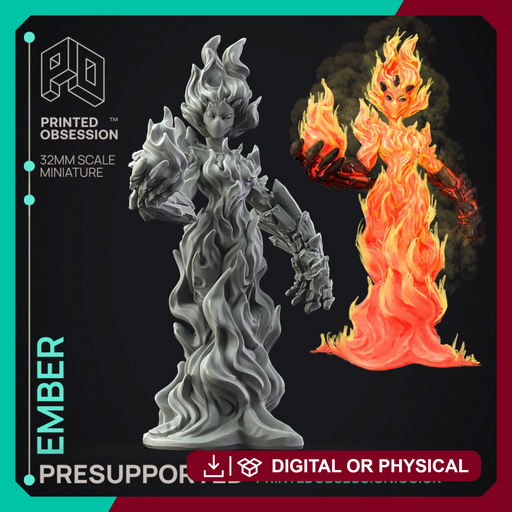 Ember - Fire Elemental -  PRESUPPORTED - Illustrated and Stats - 32mm scale - Only-Games