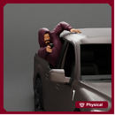 Gangster man in hoodie shooting gun leaning out the window of the car