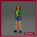 sporty happy girl standing in mini jacket and short with long hair