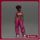 A hip-hop black girl in a bra and mini backpack wtih curly hair