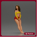 Woman in yellow top and red shorts leaning to wall